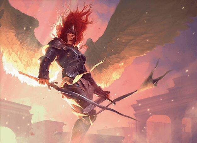 Aurelia in flight, wings spread, spear in hand