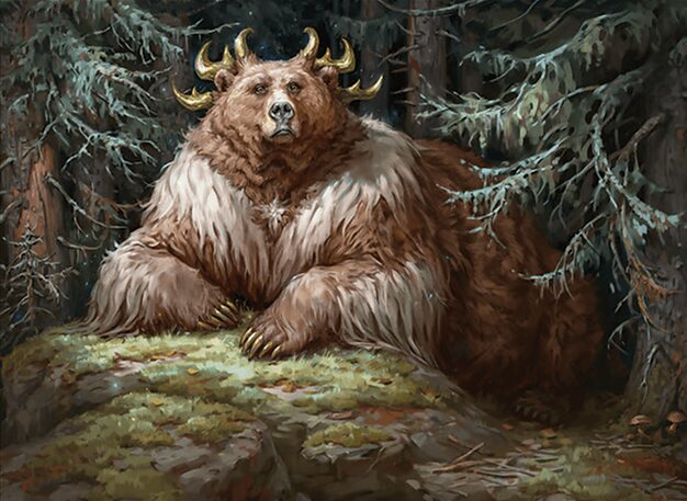 Kudo, a horned bear king, in a pine forest
