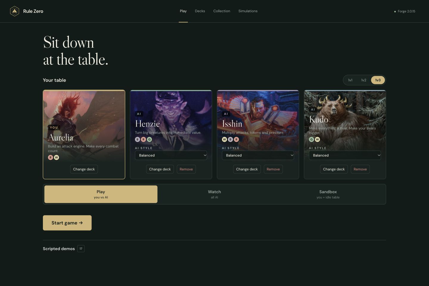 Rule Zero setup showing your deck, AI opponents, and the choice of one, two or three opponents.