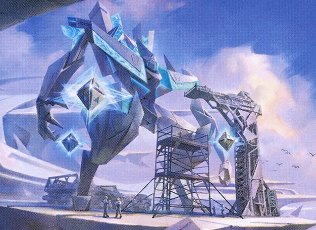 Shorikai, a towering crystal mech beside a launch gantry
